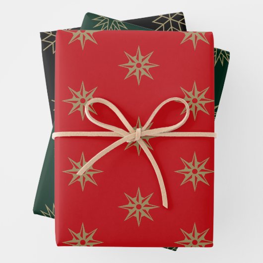 Weihnachts-Rot-Schwarz-Gold-Schneeflocken-Star Geschenkpapier Set (Beispiel)