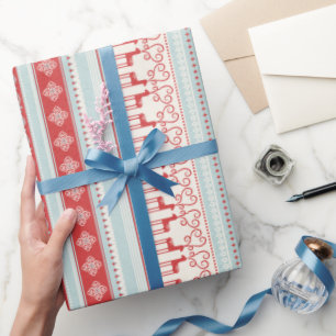 Weihnachts-Rot-Türkis-Schneeflocken-Rentierstreife Geschenkpapier