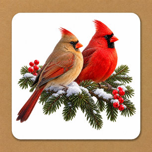 Weihnachts-Rot und Grün Realistisches Kardinalpaar Quadratischer Aufkleber