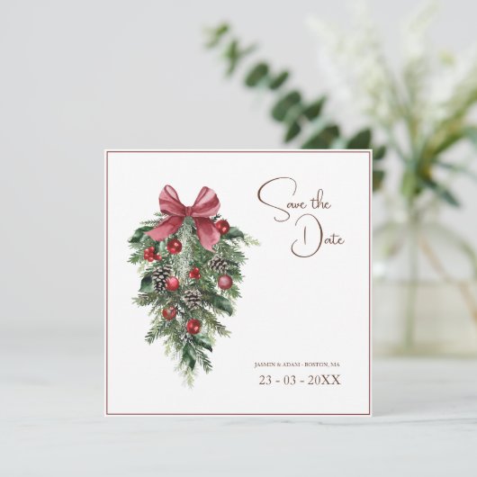 Weihnachts Rot und Grün Winterfest Hochzeit Save The Date (Stehend Vorderseite)