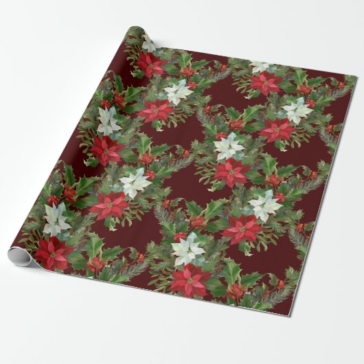 Weihnachts-Rot und Weiße Poinsettia, Holly Berry Geschenkpapier (Ungerollt)