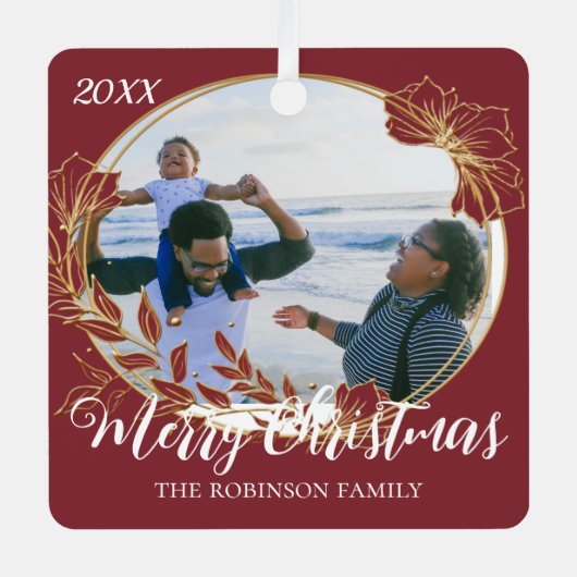 Weihnachts-Rotblättern Gerahmtes Familiäres Foto Ornament Aus Metall (Vorderseite)