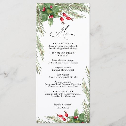 Weihnachts-Rote Berries-Hochzeitsmenü Menükarte (Vorderseite)