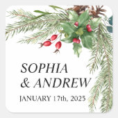 Weihnachts-Rote Berries-Hochzeitsticker Quadratischer Aufkleber (Vorderseite)
