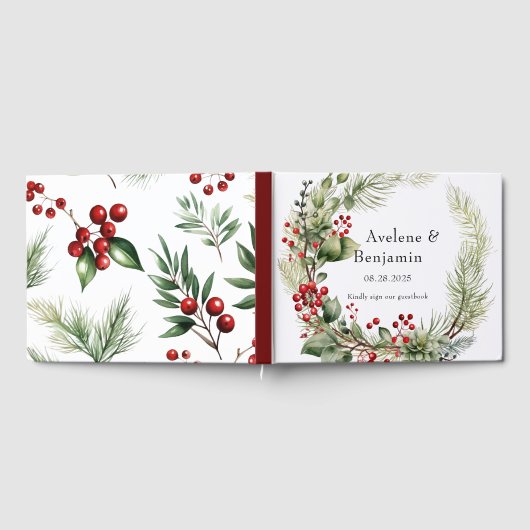 Weihnachts Rote Berries Pine Needles Wreath Weddin Gästebuch (Voll)