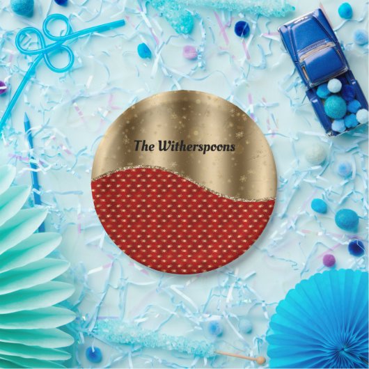 Weihnachts Rote Blüte mit Gold Ribbon und Name Pappteller (Party)