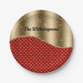 Weihnachts Rote Blüte mit Gold Ribbon und Name Pappteller (Vorderseite)