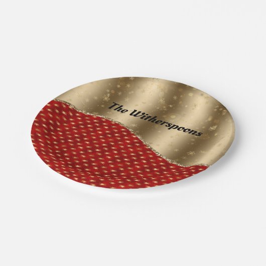 Weihnachts Rote Blüte mit Gold Ribbon und Name Pappteller (Schrägansicht)