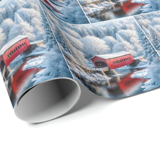 Weihnachts Rote Brücke im Winterwald Geschenkpapier (Rolleneckpunkt)