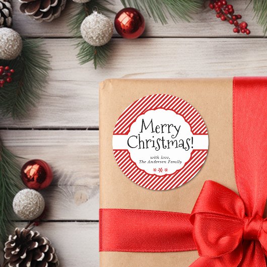 Weihnachts Rote Candy Stripe Holiday Scallop Runder Aufkleber