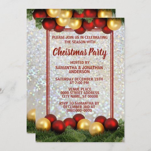 Weihnachts Rote Ornamente Silberner Glitzer Party Einladung (Vorne/Hinten)
