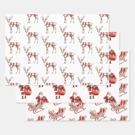 Weihnachts-Rote Peppermint Reindeer Santa Sleigh Geschenkpapier Set (Set)