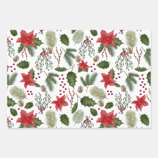 Weihnachts Rote Poinsettia, Berries, Kiefernzweige Geschenkpapier Set (Vorderseite)