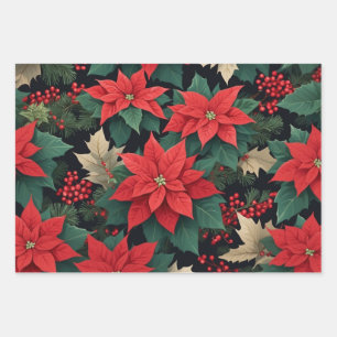 Weihnachts-Rote-Poinsettia-Blume, Berries Geschenkpapier Set