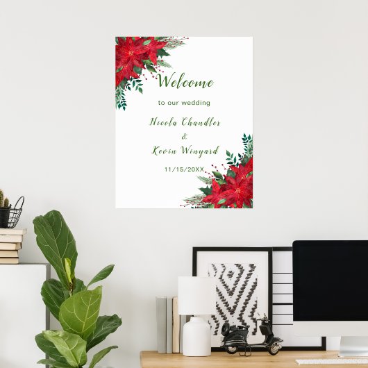 Weihnachts-Rote-Poinsettia-Blume Hochzeit Poster (Heimbüro)