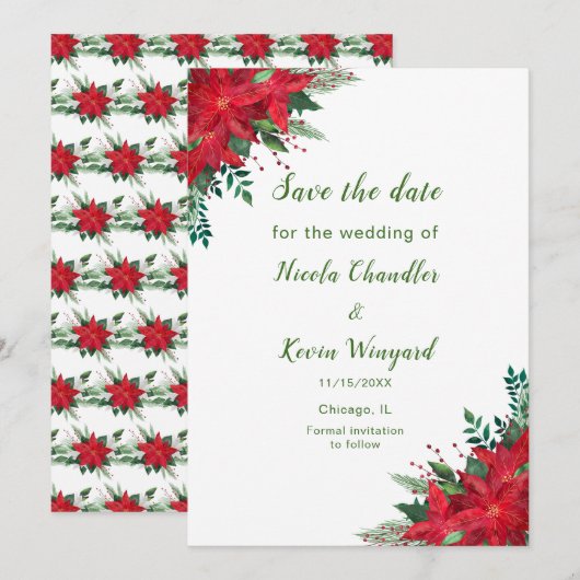Weihnachts-Rote-Poinsettia-Blume Hochzeit Save The Date (Vorne/Hinten)