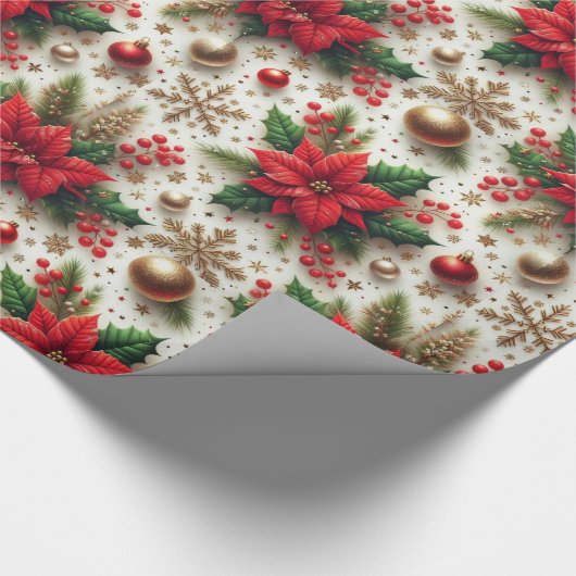 Weihnachts Rote Poinsettia Goldene Snowflake Gloss Geschenkpapier (Ecke)