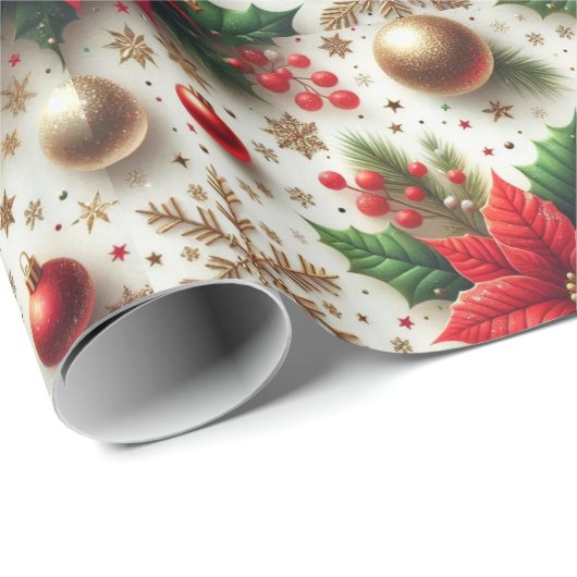 Weihnachts Rote Poinsettia Goldene Snowflake Gloss Geschenkpapier (Rolleneckpunkt)