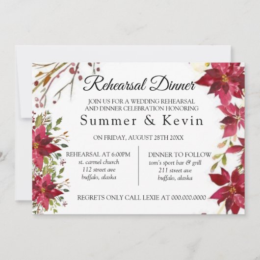 Weihnachts-Rote Poinsettia Hochzeitsessen Probe Einladung (Vorderseite)