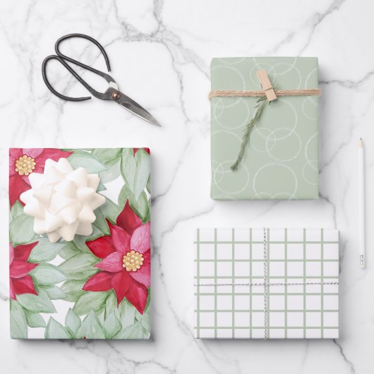 Weihnachts Rote Poinsettia Wasserfarbe Handgemalt Geschenkpapier Set (Vorderseite)