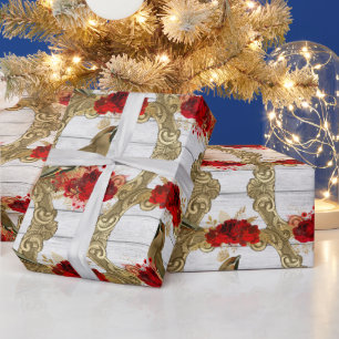 Weihnachts-Rote Rosen Gold Bird Vintag  Geschenkpapier