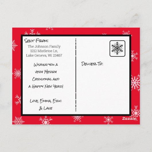 Weihnachts-Rote Schneeflocken Familienfotokarte Postkarte (Rückseite)