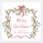 Weihnachts Rote Wavy Rahmen Bow Greenery Quadratischer Aufkleber (Vorderseite)