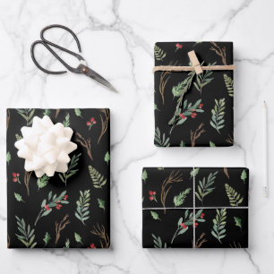 Weihnachts Roter Berry Botanische Wasserfarbe Schw Geschenkpapier Set