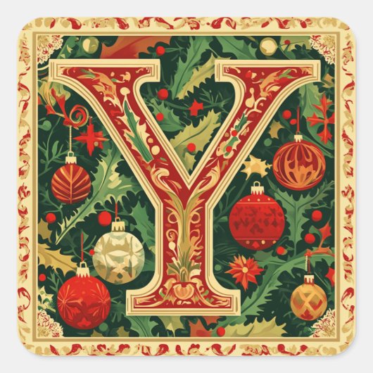 Weihnachts Roter Buchstabe Y mit Grün Quadratischer Aufkleber (Vorderseite)