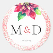 Weihnachts Roter Glitzer Poinsettia Initials Weddi Runder Aufkleber (Vorderseite)