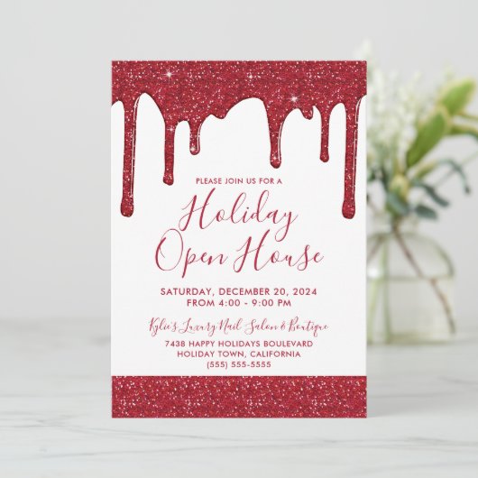 Weihnachts Roter Glitzer Tropfen Holiday Open Hous Einladung (Stehend Vorderseite)