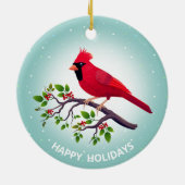 Weihnachts Roter Kardinal Bird auf Aquamarin Keramik Ornament (Hinten)