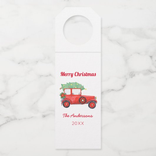 Weihnachts-Roter LKW Bauernhof Urlaub Flaschenanhänger (Rückseite)