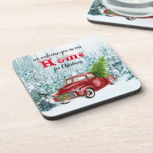 Weihnachts Roter LKW Trewinterszene Getränkeuntersetzer (Linke Seite)