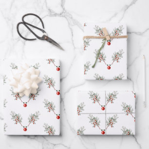 Weihnachts Roter Nasenrenner Rentiere Pine Berries Geschenkpapier Set