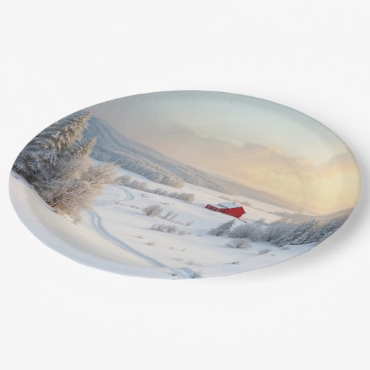 Weihnachts Roter Stall in Snowy Country Pappteller (Schrägansicht)