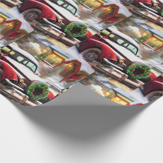 Weihnachts-Rotes Auto im Schnee Geschenkpapier (Ecke)