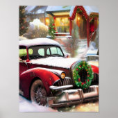 Weihnachts-Rotes Auto im Schnee Poster (Vorne)