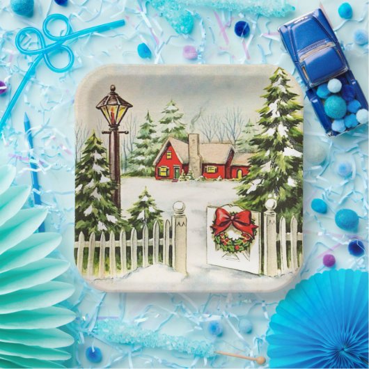 Weihnachts Rotes Haus Lattern Pine Trees Pappteller (Party)