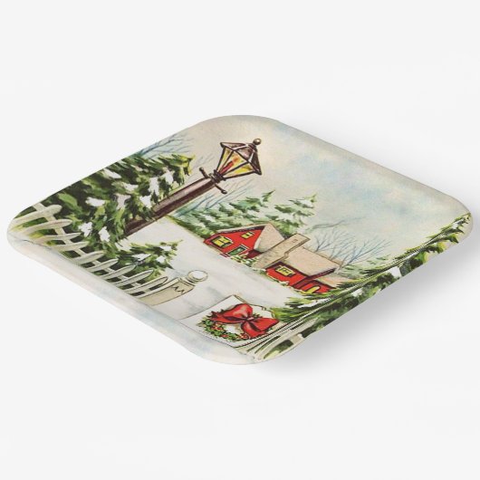 Weihnachts Rotes Haus Lattern Pine Trees Pappteller (Gewinkelt)