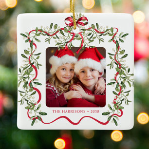 Weihnachts-Rotes Wavy-Rahmen-Foto Keramikornament