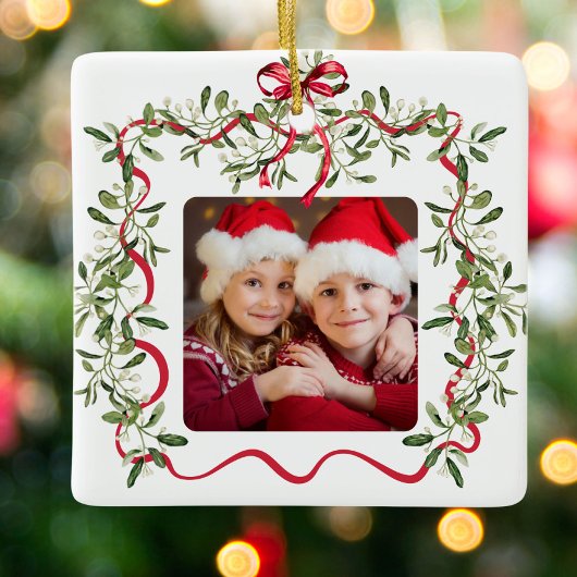 Weihnachts-Rotes Wavy-Rahmen-Foto Keramikornament