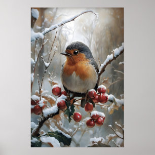 Weihnachts-Rotkehlchen-Druck, Vintage-Wintervogel- Poster