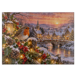 Weihnachts-Rotkehlchen Schneedorflandschaft Schneidebrett
