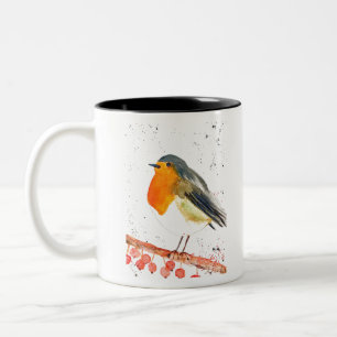 Weihnachts-Rotkehlchen Vogel Winter Schnee Xmas Fe Zweifarbige Tasse