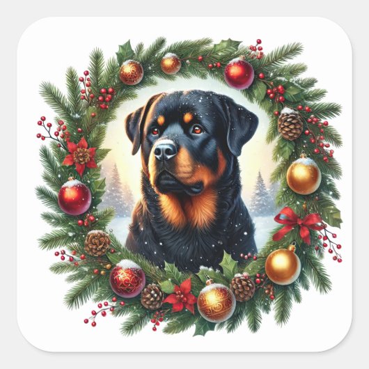 Weihnachts-Rottweiler in festlicher Dekoration Quadratischer Aufkleber (Vorderseite)