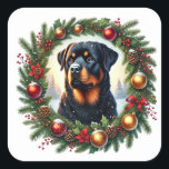 Weihnachts-Rottweiler in festlicher Dekoration Quadratischer Aufkleber<br><div class="desc">Ein Rottweiler ist schön gerahmt in einem Kranz mit roten Ornamenten und Kiefern. Schneeflocken fallen sanft hinter den Hund und schaffen eine warme,  Urlaubsatmosphäre. Der Hintergrund ist eine malerische Winterlandschaft,  die den saisonalen Geist verstärkt.</div>