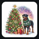 Weihnachts-Rottweiler vom Festbaum Quadratischer Aufkleber<br><div class="desc">Ein fröhlicher Rottweiler steht neben einem wunderschön dekorierten Weihnachtsbaum,  der mit bunten Ornamenten und bunten Lichtern geschmückt ist.</div>
