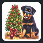 Weihnachts-Rottweiler-Welpe vom Festbaum Quadratischer Aufkleber<br><div class="desc">Ein fröhlicher Rottweiler-Welpe sitzt neben einem schön dekorierten Weihnachtsbaum,  der mit farbenfrohen Ornamenten und hellen Lichtern geschmückt ist. Diese festliche Szene erweckt die Freude an der Urlaubssaison und hebt den spielerischen Geist und den Charme des Welpen hervor.</div>