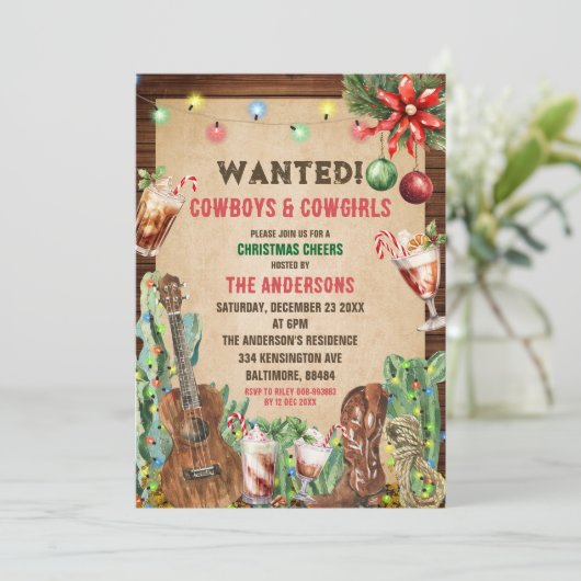 Weihnachts Rustikales Cowboy Cowgirl Weihnachtsfes Einladung (Stehend Vorderseite)
